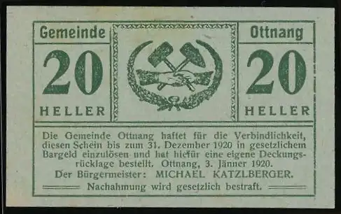 Notgeld Ottnang 1920, 20 Heller, Hammer und Ähren Kranzmotiv, Gemeindehaftung, Bürgermeister Katzlberger