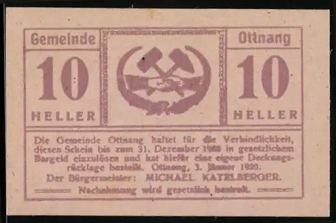 Notgeld Ottnang 1920, 10 Heller, Hammer und Ähren Symbol, Haftungsgarantie bis 31. Dezember 1920