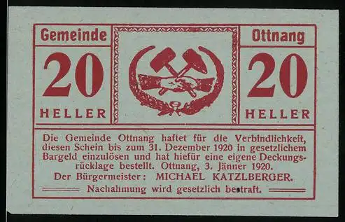 Notgeld Ottnang 1920, 20 Heller, Schlägel und Eisen, rote Schrift