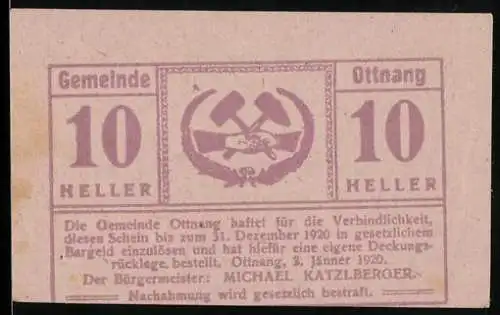 Notgeld Ottnang 1920, 10 Heller, Gemeindesiegel mit Hammer und Ähren