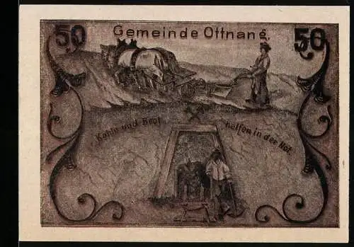 Notgeld Ottnang 1920, 50 Heller, Pflügen und Bergbau, Kohle und Brot helfen in der Not