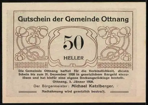 Notgeld Ottnang 1920, 50 Heller, Pflügen und Bergbau, Kohle und Brot helfen in der Not