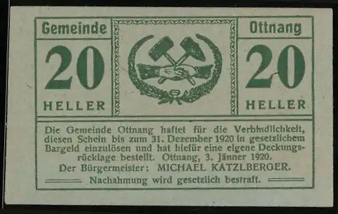 Notgeld Ottnang 1920, 20 Heller, Handschlag mit Hammer und Ähren, Garantie der Gemeinde