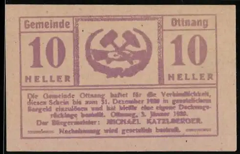 Notgeld Ottnang 1920, 10 Heller, Hammer-Motiv, Gültigkeitshinweis und Unterschrift des Bürgermeisters