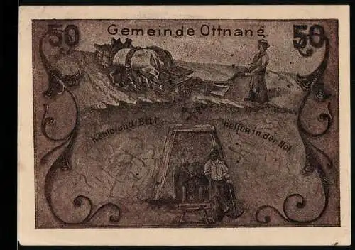 Notgeld Ottnang 1920, 50 Heller, Pferdegespann und Bergwerksarbeit, Kohle und Brot helfen in der Not