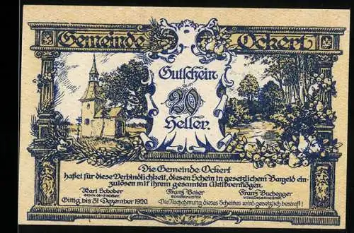 Notgeld Ockert 1920, 20 Heller, Kirche und Landschaftsmotiv