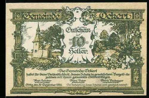 Notgeld Ockert 1920, 10 Heller, Dorfkirche und Landschaftsmotiv