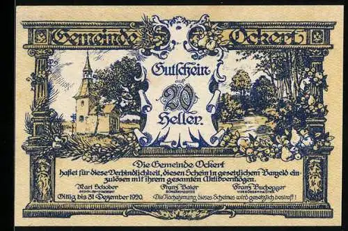 Notgeld Ockert 1920, 20 Heller, Kirche und Landschaftsmotiv, florale Verzierungen