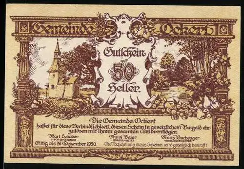 Notgeld Ockert 1920, 50 Heller, Kirche und Landschaft mit floraler Verzierung