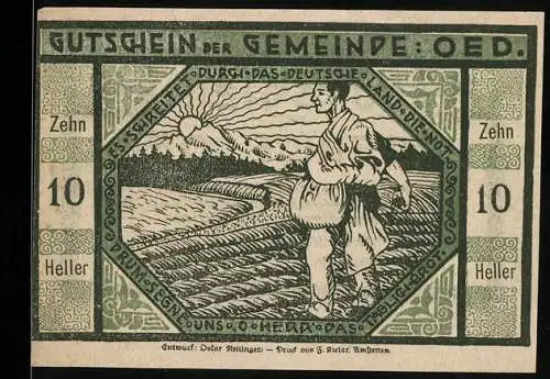 Notgeld Oed 1920, 10 Heller, Bauer bei Sonnenaufgang auf dem Feld