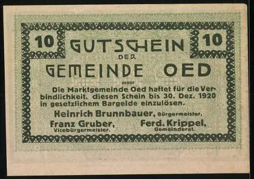 Notgeld Oed 1920, 10 Heller, Bauer bei Sonnenaufgang auf dem Feld