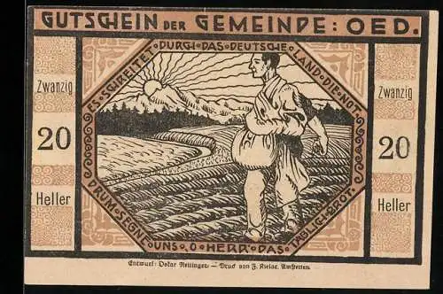 Notgeld Oed 1920, 20 Heller, Bauer sät auf Feld mit Bergen und Sonne im Hintergrund