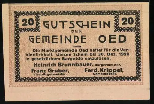 Notgeld Oed 1920, 20 Heller, Bauer sät auf Feld mit Bergen und Sonne im Hintergrund