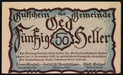 Notgeld Oed 1920, 50 Heller, Kutsche und Kirche im ländlichen Motiv