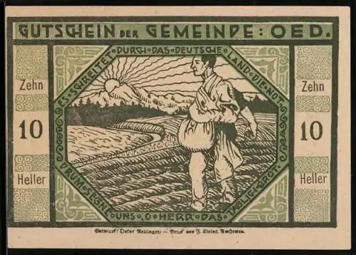 Notgeld Oed 1920, 10 Heller, Bauer auf dem Feld bei Sonnenaufgang