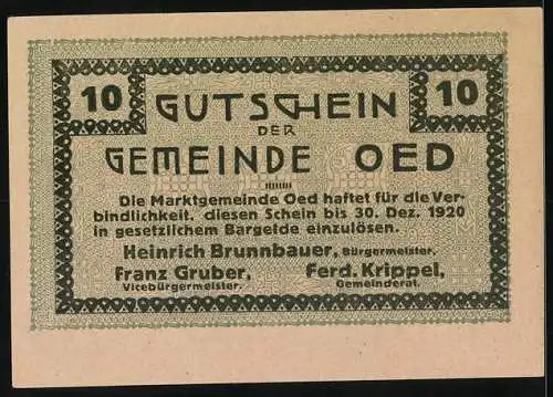 Notgeld Oed 1920, 10 Heller, Bauer auf dem Feld bei Sonnenaufgang