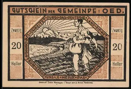 Notgeld Oed 1920, 20 Heller, Bauer sät auf dem Feld vor Sonnenaufgang