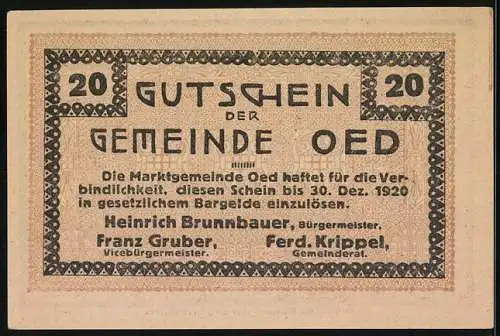 Notgeld Oed 1920, 20 Heller, Bauer sät auf dem Feld vor Sonnenaufgang