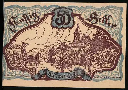 Notgeld Oed 1920, 50 Heller, Pferdekutsche und Kirche in Landschaft