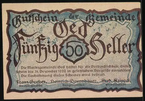 Notgeld Oed 1920, 50 Heller, Pferdekutsche und Kirche in Landschaft