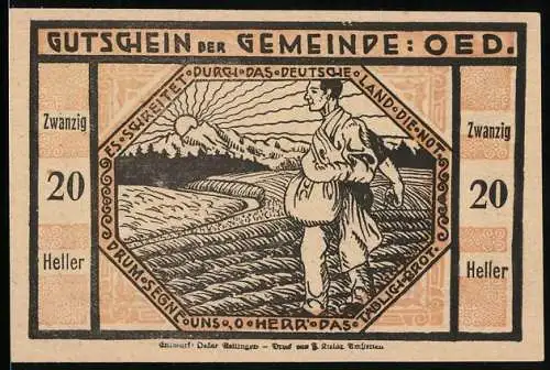 Notgeld Oed 1920, 20 Heller, Bauer auf Feld vor aufgehender Sonne