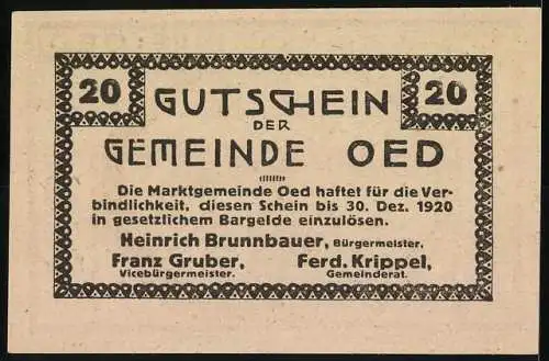 Notgeld Oed 1920, 20 Heller, Bauer auf Feld vor aufgehender Sonne