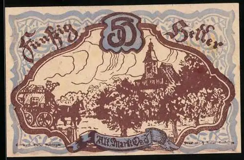 Notgeld Oed 1920, 50 Heller, Landschaft mit Kirche und Kutsche