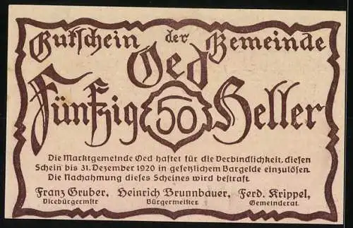 Notgeld Oed 1920, 50 Heller, Landschaft mit Kirche und Kutsche