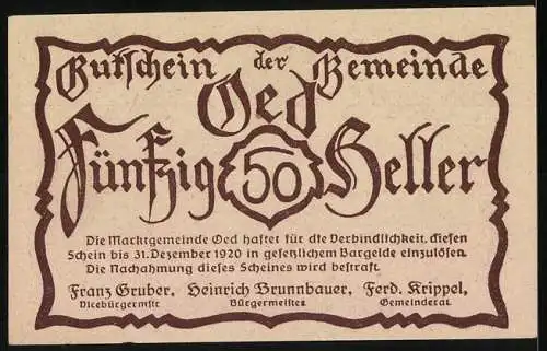 Notgeld Oed 1920, 50 Heller, Kutsche und Kirche im Dorfmotiv