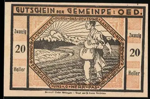 Notgeld Oed 1920, 20 Heller, Bauer auf einem Feld bei Sonnenaufgang