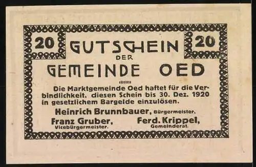 Notgeld Oed 1920, 20 Heller, Bauer auf einem Feld bei Sonnenaufgang