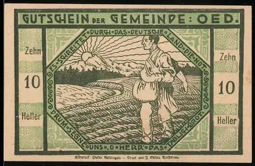 Notgeld Oed 1920, 10 Heller, Bauer mit Saat auf dem Feld und Sonnenaufgang