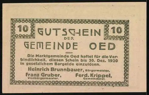 Notgeld Oed 1920, 10 Heller, Bauer mit Saat auf dem Feld und Sonnenaufgang