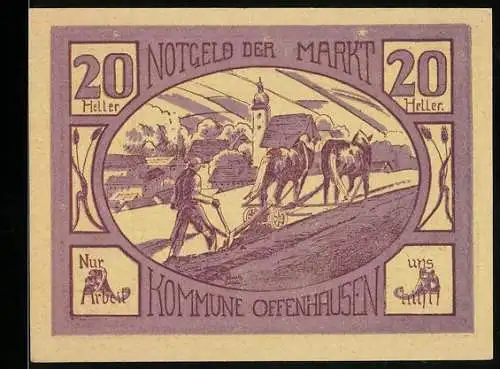 Notgeld Offenhausen 1920, 20 Heller, Pflügender Bauer mit Pferden vor Dorflandschaft