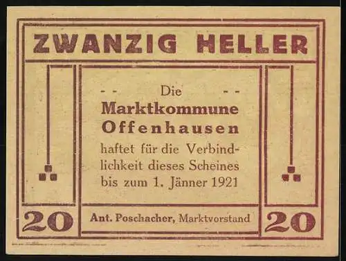 Notgeld Offenhausen 1920, 20 Heller, Pflügender Bauer mit Pferden vor Dorflandschaft