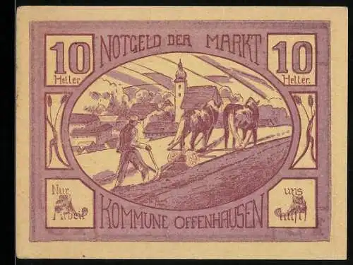 Notgeld Offenhausen 1921, 10 Heller, Bauer mit Pflug und Pferden, Dorfkirche im Hintergrund