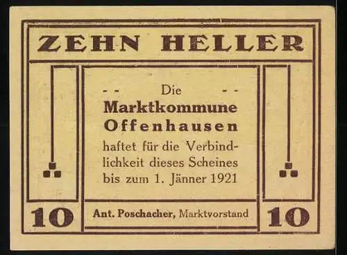 Notgeld Offenhausen 1921, 10 Heller, Bauer mit Pflug und Pferden, Dorfkirche im Hintergrund