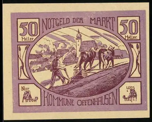 Notgeld Offenhausen 1921, 50 Heller, Pflügender Bauer mit Dorfansicht im Hintergrund