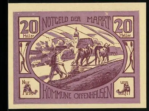 Notgeld Offenhausen 1920, 20 Heller, Pflügender Bauer mit Landschaft und Dorfansicht