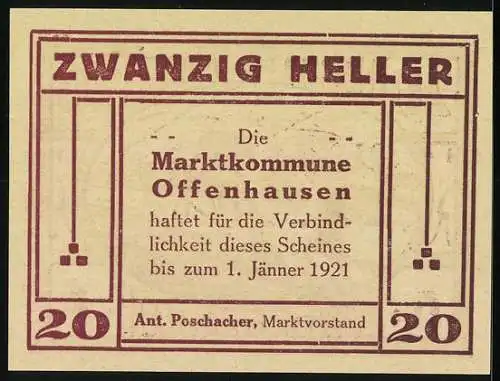 Notgeld Offenhausen 1920, 20 Heller, Pflügender Bauer mit Landschaft und Dorfansicht