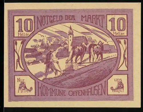 Notgeld Offenhausen 1921, 10 Heller, Pflügender Bauer mit Pferden vor Dorflandschaft