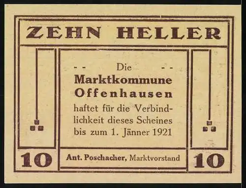 Notgeld Offenhausen 1921, 10 Heller, Pflügender Bauer mit Pferden vor Dorflandschaft