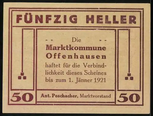 Notgeld Offenhausen 1921, 50 Heller, Bauer mit Pferden auf einem Feld vor Dorfkulisse