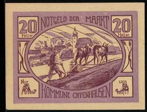 Notgeld Offenhausen 1921, 20 Heller, Bauer mit Pflug und Pferden vor Dorfkulisse