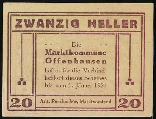 Notgeld Offenhausen 1921, 20 Heller, Bauer mit Pflug und Pferden vor Dorfkulisse