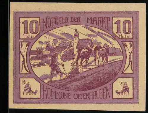 Notgeld Offenhausen 1921, 10 Heller, Bauer mit Pferdepflug und Dorfkirche im Hintergrund