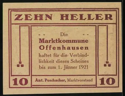 Notgeld Offenhausen 1921, 10 Heller, Bauer mit Pferdepflug und Dorfkirche im Hintergrund