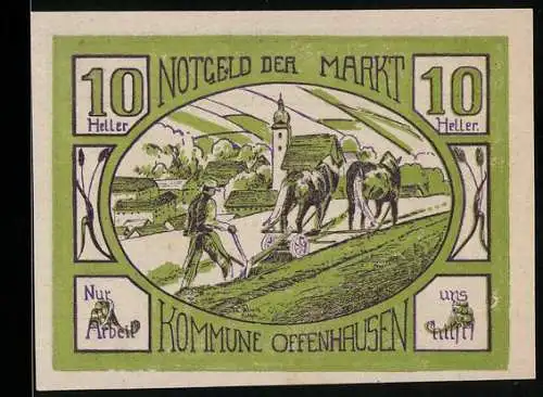 Notgeld Offenhausen 1921, 10 Heller, Pflügende Bauern mit Pferden und Dorfkirche im Hintergrund