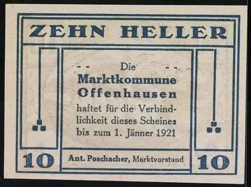 Notgeld Offenhausen 1921, 10 Heller, Pflügende Bauern mit Pferden und Dorfkirche im Hintergrund