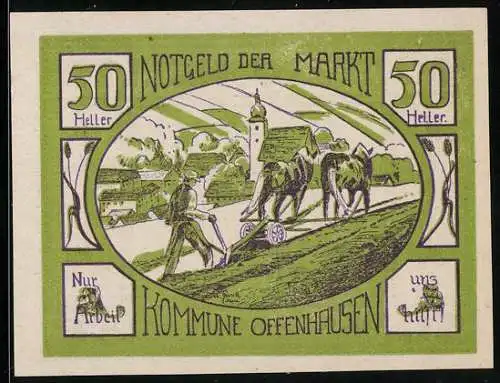 Notgeld Offenhausen 1921, 50 Heller, Pflügende Pferde und Dorfszene